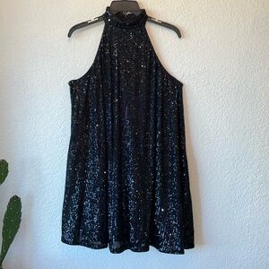 Belle Badgley Mischka Elise Halter Neck Trapeze sequined dress. Black Size 4.
